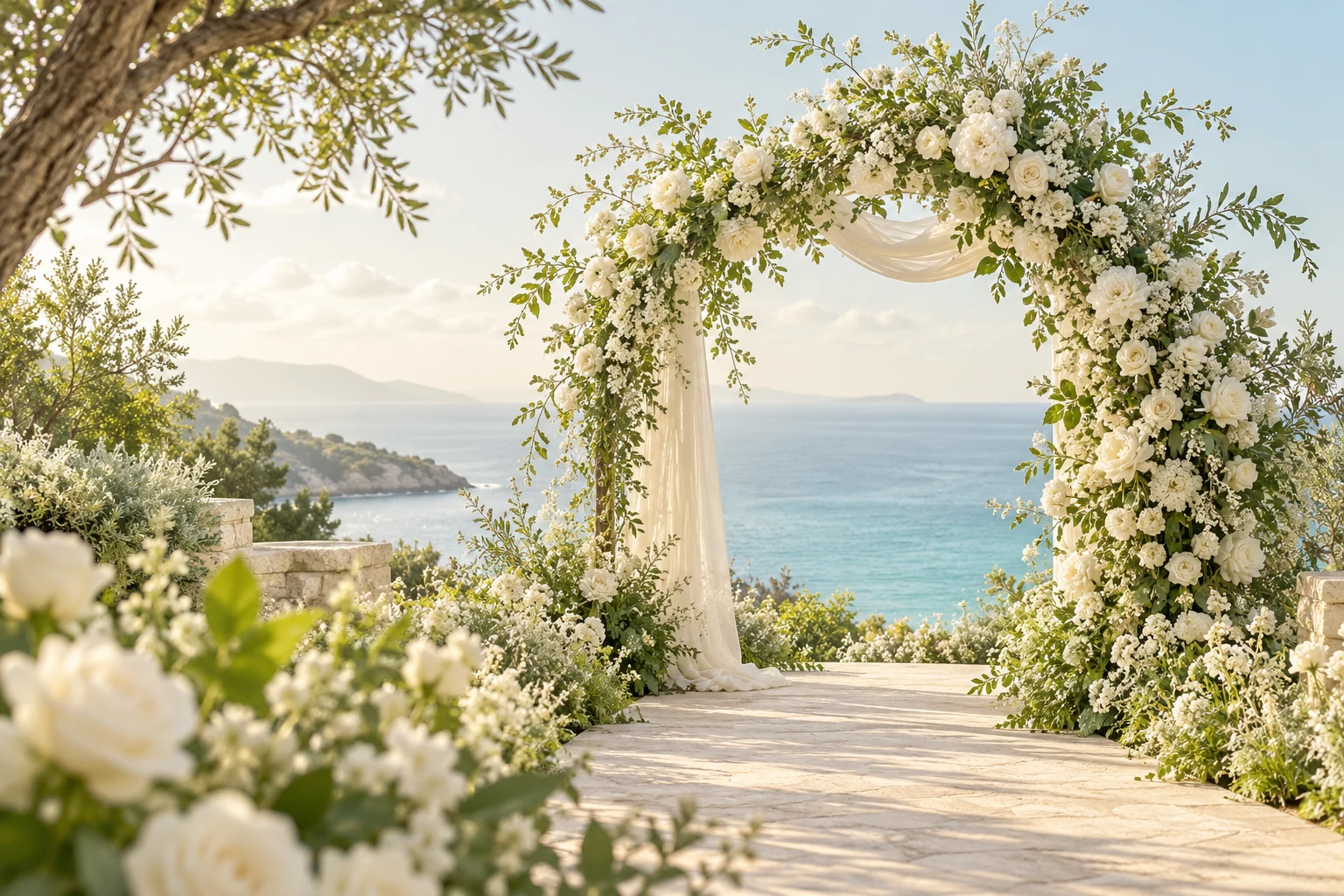 An ivory floral wedding arch overlooking a quiet sea, with soft green foliage and a sunlit garden path.